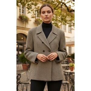 Talbots Women's Herringbone Tweed Blazer Jacket Sz 14 Double Breasted Wool Blend